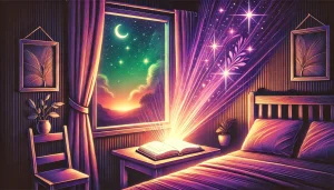 Une illustration apaisante d'une chambre paisible de nuit. Un livre ou journal lumineux rempli de citations inspirantes repose sur une table de chevet, émettant une douce lumière. La chambre est baignée de tons chaleureux, avec des nuances de rose, violet et vert. Une fenêtre ouverte révèle un ciel nocturne tranquille avec des étoiles scintillantes et un croissant de lune. L'ensemble de la scène évoque un sentiment de sérénité et reflète l'impact des pensées positives sur un sommeil réparateur.