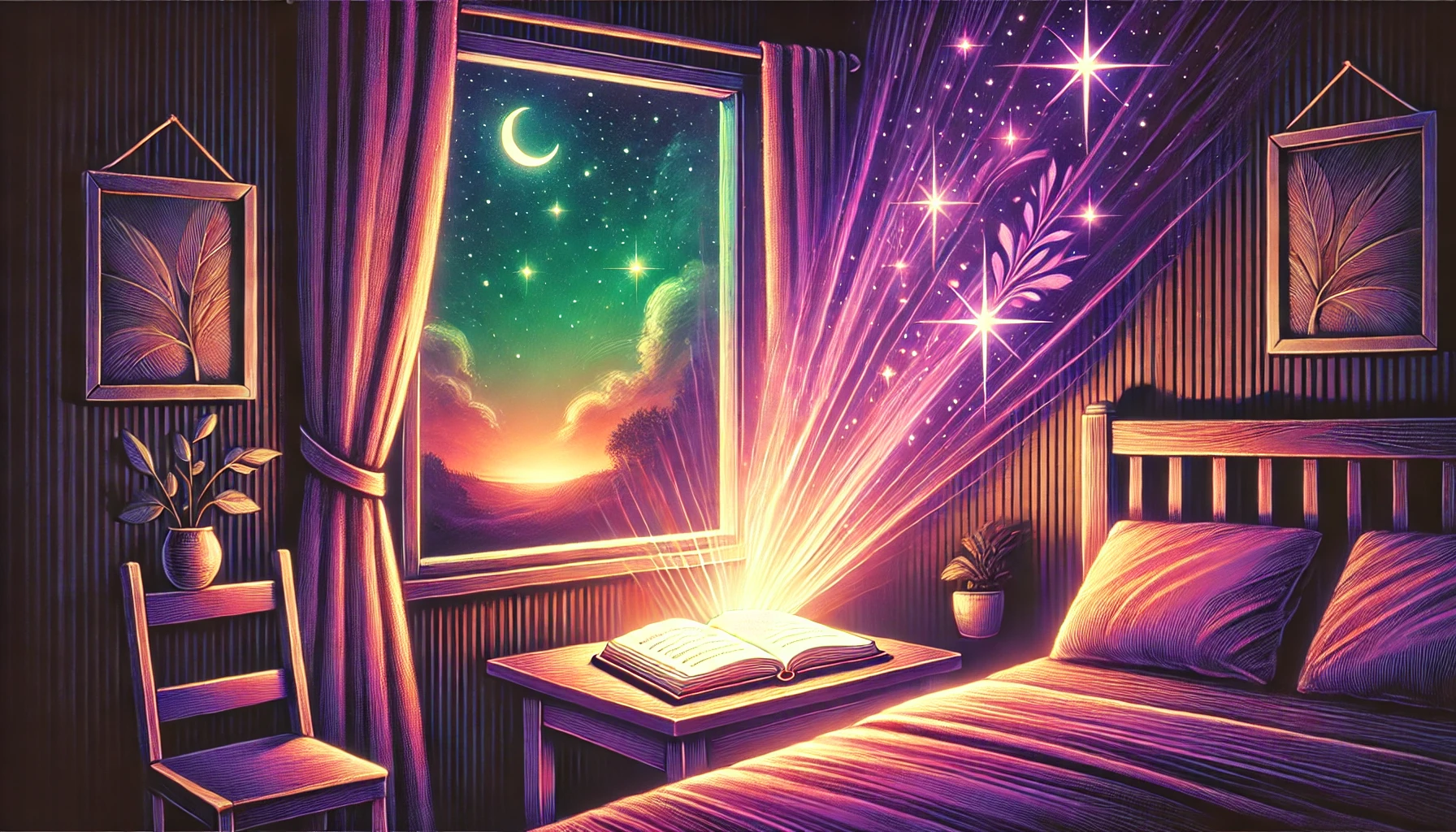 Une illustration apaisante d'une chambre paisible de nuit. Un livre ou journal lumineux rempli de citations inspirantes repose sur une table de chevet, émettant une douce lumière. La chambre est baignée de tons chaleureux, avec des nuances de rose, violet et vert. Une fenêtre ouverte révèle un ciel nocturne tranquille avec des étoiles scintillantes et un croissant de lune. L'ensemble de la scène évoque un sentiment de sérénité et reflète l'impact des pensées positives sur un sommeil réparateur.