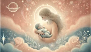 Une illustration douce et réconfortante représentant l'amour infini pour un bébé. La scène montre un parent tenant tendrement un bébé endormi dans ses bras, entouré d'une ambiance paisible et chaleureuse. L'arrière-plan présente des tons pastel délicats comme le rose pâle, le bleu clair et le crème, avec des éléments subtils tels qu'une lumière douce ou des étoiles délicates, symbolisant la pureté et l'amour inconditionnel. L'atmosphère est sereine et intime, capturant la magie et la tendresse du lien parent-enfant.