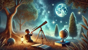 Une illustration réaliste et inspirante symbolisant la curiosité comme moteur de l'apprentissage. La scène représente un enfant observant le ciel étoilé à travers un télescope, avec un livre ouvert et un globe terrestre posés sur l'herbe à proximité, symbolisant la soif de connaissance. Le cadre est un environnement extérieur paisible, avec des arbres et une pelouse douce sous la lumière délicate des étoiles et de la lune. L'atmosphère évoque l'émerveillement et l'exploration, avec une palette de couleurs composée de bleus profonds, de blancs doux et de tons terreux chaleureux, capturant l'essence de la curiosité et de la découverte.