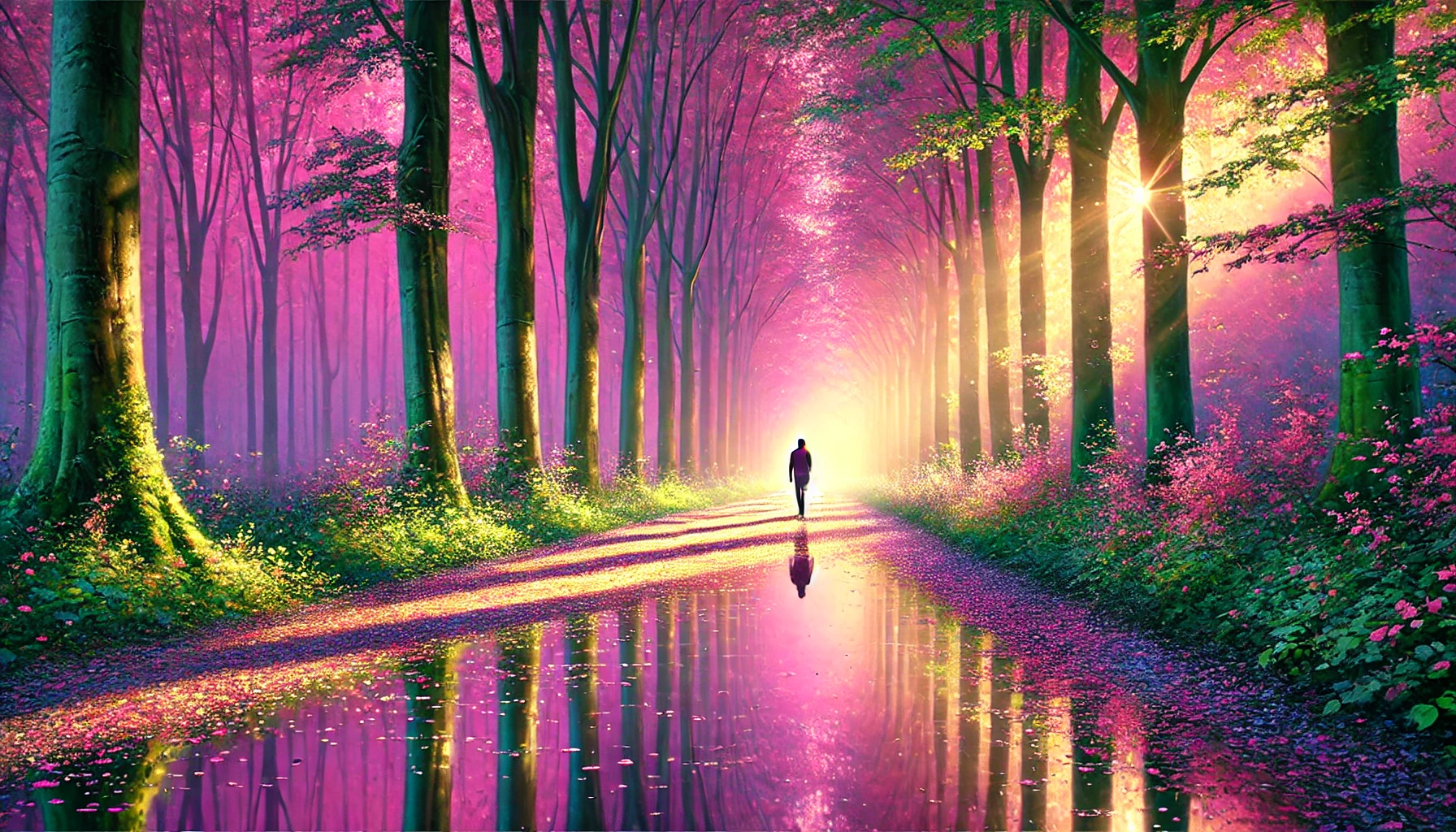Une illustration réaliste et sereine célébrant la pratique intemporelle de la marche, mettant en avant une silhouette solitaire sur un chemin forestier paisible. La scène est enrichie de tons chauds dominés par le rose, le violet et le vert. La lumière douce filtre à travers les arbres imposants, projetant des reflets colorés et vibrants sur le sol. Le chemin est parsemé de pétales délicats et de feuilles, créant une atmosphère harmonieuse et introspective, célébrant la signification universelle et historique de la marche dans un cadre vibrant et apaisant.