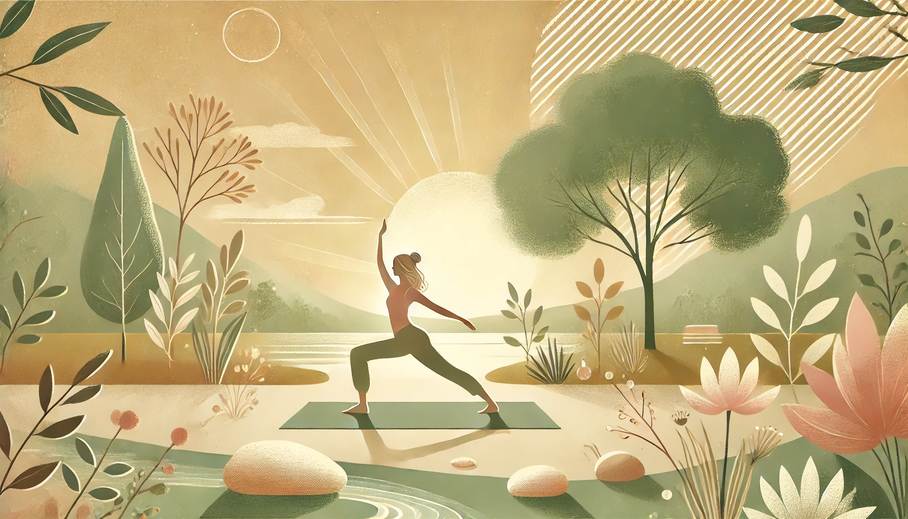 Une illustration sereine et inspirante représentant une personne pratiquant le yoga en extérieur. La scène montre l'individu exécutant une pose de yoga gracieuse, telle que la posture du Guerrier II ou de l'Arbre, sur un tapis de yoga entouré d'un environnement naturel paisible. Une lumière douce traverse les arbres voisins, projetant des tons dorés chaleureux sur le cadre. L'arrière-plan comprend des éléments subtils tels que des fleurs épanouies, des pierres lisses et une étendue d'eau calme, symbolisant l'équilibre et la connexion avec la nature. La palette de couleurs, composée de verts doux, de roses pastel et de nuances dorées, crée une ambiance tranquille et motivante.