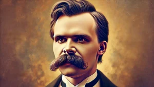 Un portrait réaliste et équilibré de Friedrich Nietzsche, mettant en valeur son regard réfléchi et sa moustache emblématique aux proportions harmonieuses. L'arrière-plan est chaleureux et apaisant, avec des tons de beige et de lumière dorée, créant une ambiance inspirante et contemplative. L'expression de Nietzsche est sérieuse mais accessible, reflétant sa profondeur intellectuelle et son influence en tant que philosophe.
