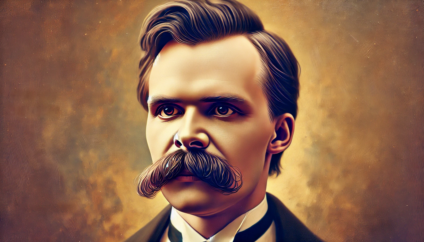 Un portrait réaliste et équilibré de Friedrich Nietzsche, mettant en valeur son regard réfléchi et sa moustache emblématique aux proportions harmonieuses. L'arrière-plan est chaleureux et apaisant, avec des tons de beige et de lumière dorée, créant une ambiance inspirante et contemplative. L'expression de Nietzsche est sérieuse mais accessible, reflétant sa profondeur intellectuelle et son influence en tant que philosophe.