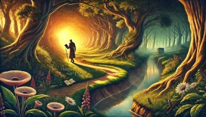 Une illustration symbolique et vibrante reflétant la philosophie de la lenteur selon Friedrich Nietzsche. La scène montre une figure solitaire marchant lentement sur un chemin sinueux au cœur d'une forêt luxuriante. L'environnement est animé de couleurs riches : un feuillage vert éclatant, une lumière dorée filtrant à travers les arbres, et des fleurs épanouies bordant le chemin. Un ruisseau tranquille serpente à l'arrière-plan, accentuant le calme et la réflexion. La figure tient un livre ouvert, symbolisant la pensée profonde et le choix délibéré de vivre à un rythme réfléchi, en opposition à la frénésie du monde moderne.