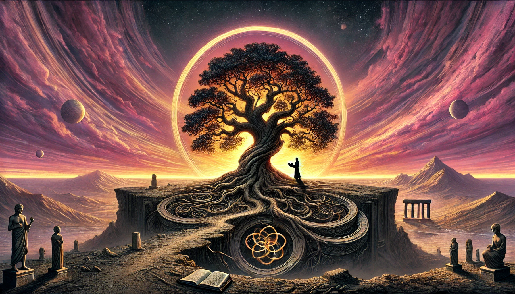 Une illustration symbolique et introspective inspirée de La Généalogie de la morale de Friedrich Nietzsche. La scène montre un arbre ancien aux racines et branches entrelacées, symbolisant les strates historiques et culturelles de la moralité. Une figure solitaire se tient à la base de l'arbre, tenant un livre ouvert, et contemple la structure imposante. L'arrière-plan présente un paysage dramatique mais paisible avec un ciel de coucher de soleil teinté de rose, lavande et orange doré, reflétant l'exploration profonde des origines morales et de la pensée philosophique. L'atmosphère évoque la réflexion et la profondeur des thèmes abordés par Nietzsche.