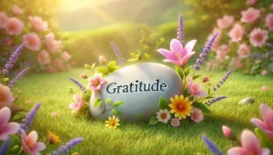 Une illustration réaliste et apaisante exprimant la gratitude dans une ambiance printanière. La scène met en avant un galet lisse et joliment poli, posé sur une herbe verte fraîche, entouré de fleurs printanières éclatantes dans des tons pastel de rose, jaune et lavande. Le mot 'Gratitude' ou 'Merci' est élégamment gravé sur le galet, qui brille doucement sous une lumière solaire délicate. L'arrière-plan présente un cadre naturel paisible, aux couleurs vives et chaleureuses, évoquant un sentiment de reconnaissance et de joie en harmonie avec la nature.