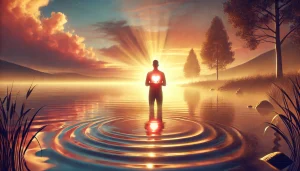 Une illustration réaliste et sereine inspirée du thème de l'émotion et de la raison. Une personne se tient près d'un lac calme au coucher du soleil, tenant un objet lumineux en forme de cœur près de sa poitrine. L'arrière-plan présente des ondulations légères sur l'eau, des teintes dorées et roses du soleil couchant, et un paysage naturel paisible. L'atmosphère est introspective et chaleureuse, mettant en valeur la connexion émotionnelle et la tranquillité, sans aucune écriture visible.
