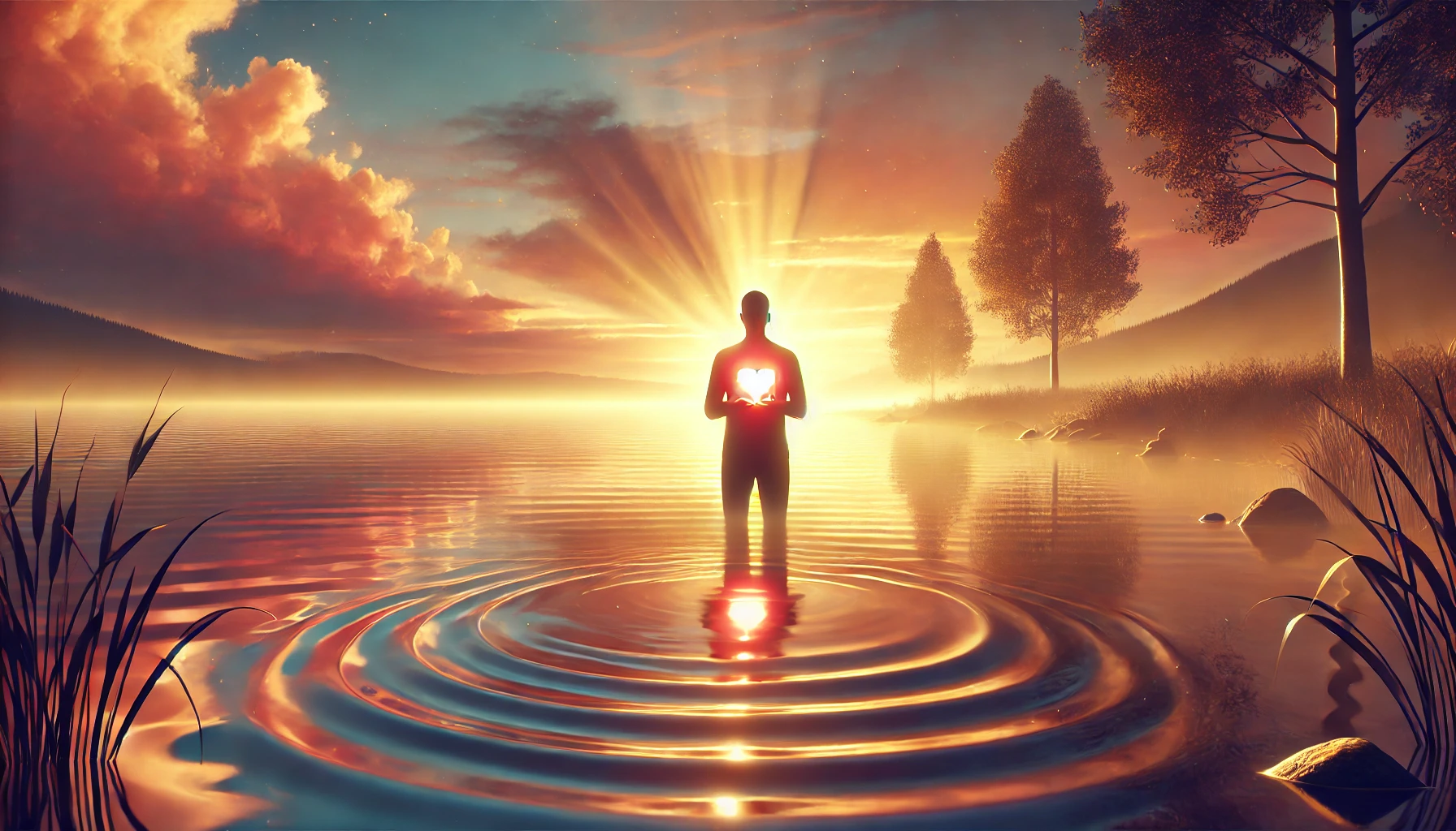 Une illustration réaliste et sereine inspirée du thème de l'émotion et de la raison. Une personne se tient près d'un lac calme au coucher du soleil, tenant un objet lumineux en forme de cœur près de sa poitrine. L'arrière-plan présente des ondulations légères sur l'eau, des teintes dorées et roses du soleil couchant, et un paysage naturel paisible. L'atmosphère est introspective et chaleureuse, mettant en valeur la connexion émotionnelle et la tranquillité, sans aucune écriture visible.