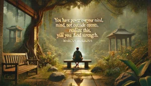 Une illustration réaliste et sereine reflétant la citation célèbre de Marc Aurèle : 'Tu as pouvoir sur ton esprit, pas sur les événements. Réalise-le, et tu trouveras la force.' La scène montre une personne méditative assise sur un banc en pierre dans un parc tranquille, entourée par la nature. Une inscription lumineuse de la citation est subtilement intégrée, gravée sur une pierre à proximité ou flottant doucement dans l'air. Les couleurs sont apaisantes et réfléchies, mêlant des tons terreux, des verts doux et une lumière dorée chaleureuse, symbolisant la force intérieure et la sagesse.