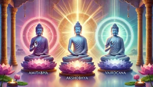 Une illustration symbolique et sereine représentant les Trois Bouddhas de la Sagesse : Amitabha, Akshobhya et Vairocana. La scène montre trois statues distinctes de Bouddhas assises en posture méditative, chacune entourée de sa lumière symbolique. Amitabha est baigné d'une lueur rouge éclatante représentant la lumière infinie, Akshobhya rayonne d'une aura bleue apaisante incarnant l'immuabilité, et Vairocana est enveloppé d'une lumière blanche éblouissante symbolisant la vérité ultime. L'environnement est paisible, décoré de fleurs de lotus et de rayons lumineux dans une atmosphère harmonieuse de sagesse et de paix. L'arrière-plan intègre des teintes pastel de rose, lavande et vert.