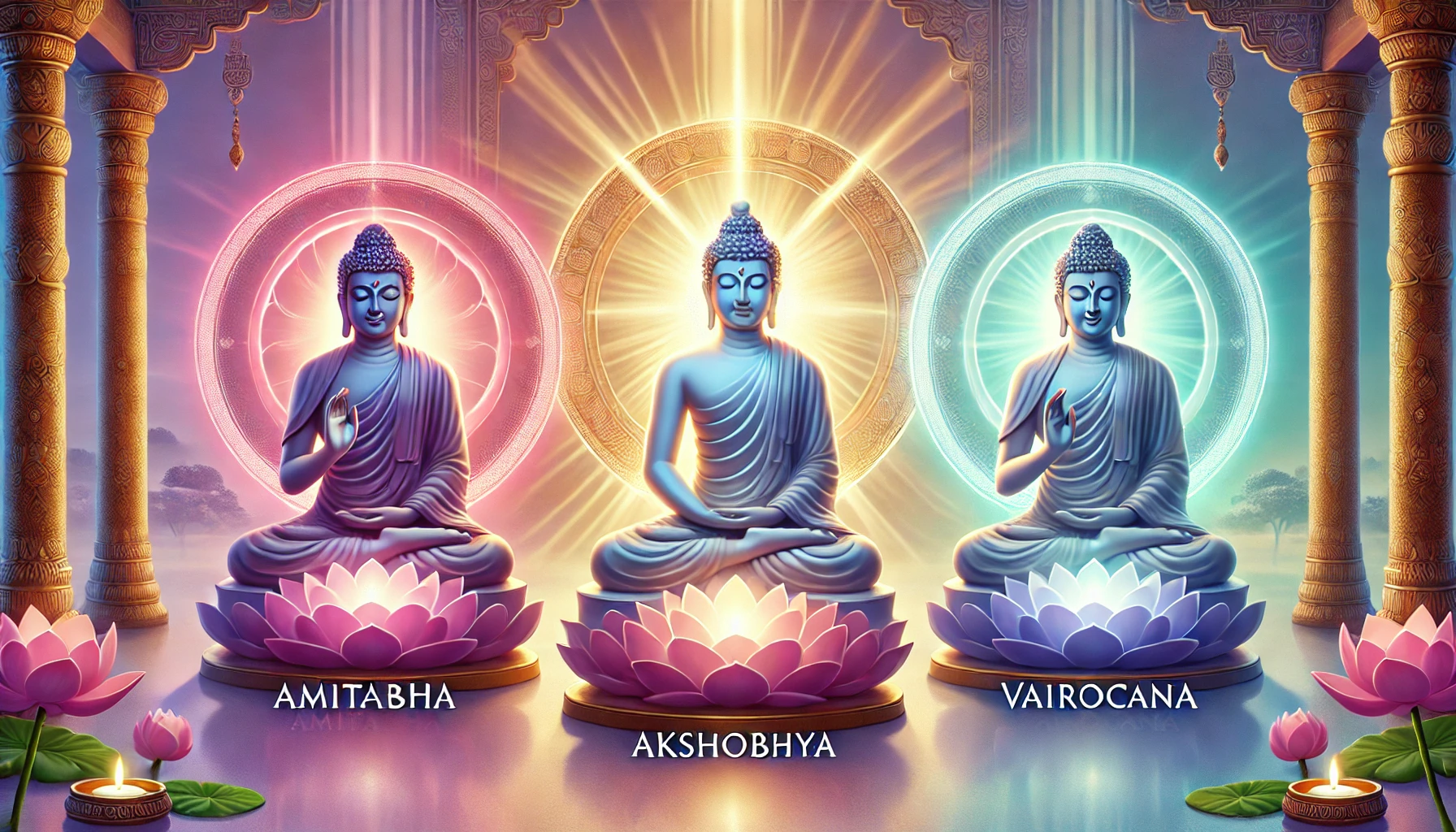 Une illustration symbolique et sereine représentant les Trois Bouddhas de la Sagesse : Amitabha, Akshobhya et Vairocana. La scène montre trois statues distinctes de Bouddhas assises en posture méditative, chacune entourée de sa lumière symbolique. Amitabha est baigné d'une lueur rouge éclatante représentant la lumière infinie, Akshobhya rayonne d'une aura bleue apaisante incarnant l'immuabilité, et Vairocana est enveloppé d'une lumière blanche éblouissante symbolisant la vérité ultime. L'environnement est paisible, décoré de fleurs de lotus et de rayons lumineux dans une atmosphère harmonieuse de sagesse et de paix. L'arrière-plan intègre des teintes pastel de rose, lavande et vert.