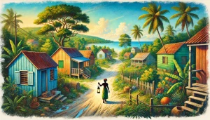 Une illustration réaliste et vibrante représentant la sagesse des proverbes créoles sur le courage. La scène montre un village typique créole avec des maisons en bois peintes de couleurs vives, entourées de végétation tropicale luxuriante et de cocotiers. Une personne marche sur un chemin de terre, tenant une lanterne qui symbolise la résilience et la détermination. À l’arrière-plan, un littoral tropical avec des vagues calmes complète le paysage, sous un ciel bleu clair. Les couleurs naturelles et chaudes, avec des tons vifs de vert, bleu et terre, capturent l’essence de la culture créole et son esprit de courage.