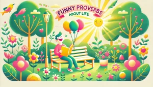 Une illustration joyeuse et inspirante capturant l'humour et la sagesse des proverbes drôles sur la vie. La scène montre une personne assise sur un banc en bois dans un parc ensoleillé, riant joyeusement tout en lisant un livre. L'arrière-plan est rempli de verdure vibrante, de fleurs écloses et de ballons colorés flottant doucement dans l'air. La lumière du soleil filtre à travers les arbres, créant une ambiance légère et ludique. La palette de couleurs pastel, incluant du rose, du vert et du jaune, reflète la joie, la connexion et l'alliance du rire avec la sagesse de la vie.