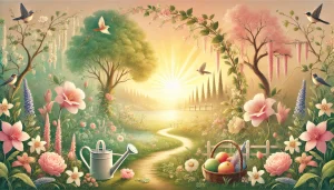 Une illustration sereine et inspirante symbolisant la beauté de la vie à travers les proverbes. La scène montre un jardin luxuriant avec des fleurs en pleine floraison, un lever de soleil doux illuminant l'horizon, et un chemin sinueux traversant le paysage. Des éléments comme un arrosoir, un panier rempli de fruits et des oiseaux perchés sur les branches incarnent les fruits de l'effort et la joie des plaisirs simples. Les couleurs chaudes et vibrantes, avec des teintes pastel de rose, vert et jaune doré, créent une atmosphère de gratitude, d'harmonie et d'espoir.