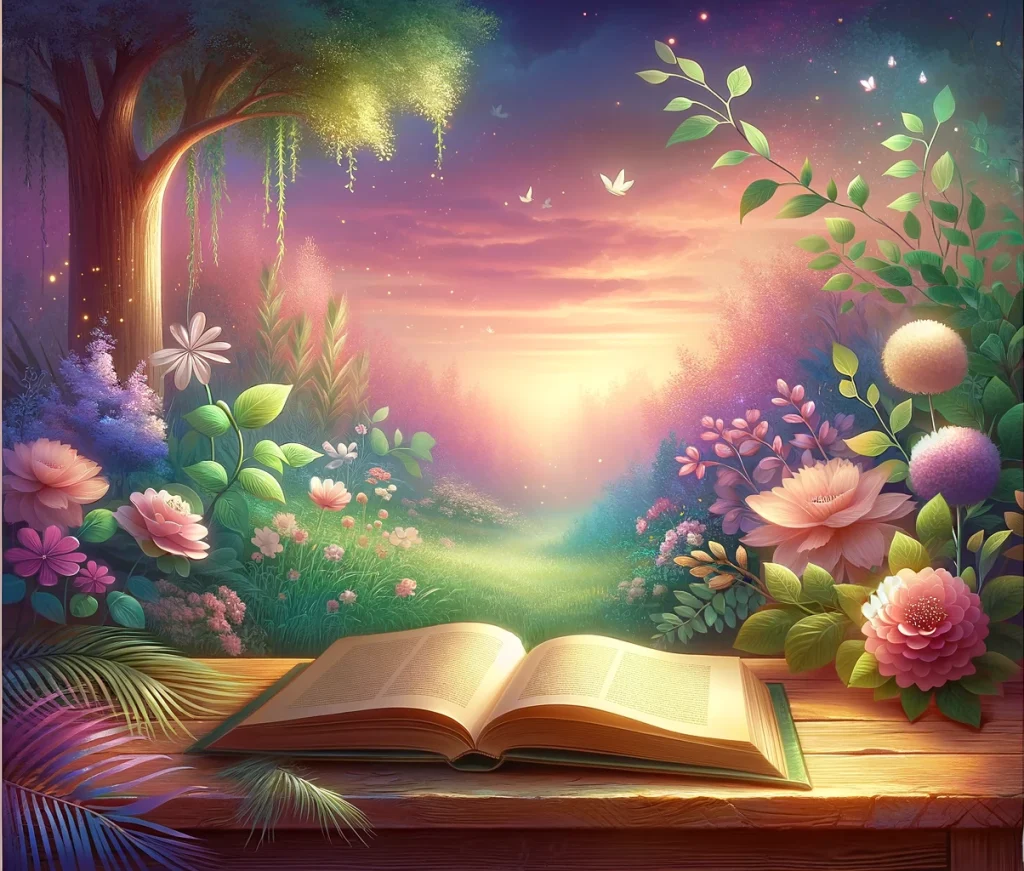 Une illustration sereine et inspirante symbolisant la sagesse des proverbes dans la vie quotidienne, avec des couleurs chaleureuses dominées par des nuances de rose, de violet et de vert. La scène montre un livre ouvert reposant sur une table en bois, entouré de fleurs épanouies et baigné d'une lumière douce et lumineuse. L'arrière-plan offre un décor naturel paisible, avec une végétation douce et un ciel dégradé de rose et de lavande. L'atmosphère transmet une harmonie, une introspection et une croissance personnelle, reflétant la sagesse intemporelle des proverbes dans nos vies quotidiennes.