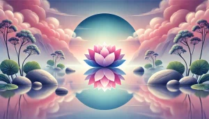Une illustration sereine et symbolique représentant le concept de sérénité. La scène montre un lac tranquille avec une fleur de lotus délicate flottant à sa surface, sous un ciel aux teintes pastel de rose, lavande et bleu doux. Les reflets du ciel et du lotus créent un équilibre visuel harmonieux. Autour du lac, des pierres lisses et une verdure apaisante renforcent le sentiment de calme et de paix intérieure. L'atmosphère est paisible et méditative, capturant l'essence intemporelle de la sérénité.
