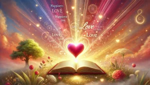 Une illustration inspirante reflétant le thème du bonheur et de l'amour à travers le pouvoir des mots. Un livre ou parchemin en forme de cœur émet une lumière radieuse, entouré de mots et de citations flottant délicatement dans l'air. Les couleurs chaudes et vibrantes, telles que le rose, le rouge et l'or, dominent l'image, symbolisant l'amour et la joie. En arrière-plan, un cadre naturel paisible baigné de lumière douce évoque un sentiment d'espoir et de positivité.