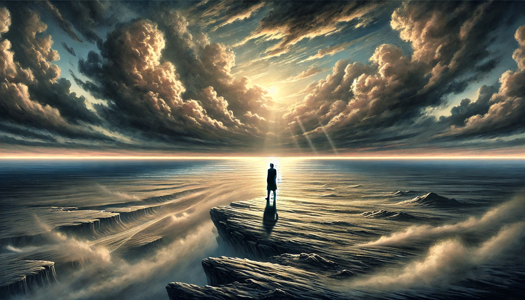 Une illustration réaliste et introspective inspirée du concept de nihilisme selon Friedrich Nietzsche. La scène montre une silhouette solitaire debout au bord d'un vaste paysage désolé, sous un ciel dramatique mêlant des nuages sombres et quelques rayons de lumière perçant, symbolisant la dualité entre le désespoir et le potentiel. La figure contemple l'horizon, entourée d'un terrain aride avec des indices subtils de nouvelle croissance ou de transformation. La palette de couleurs comprend des gris doux, des bleus profonds et des touches dorées, évoquant l'introspection et la réflexion existentielle.