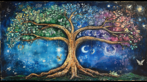 Un arbre de sagesse aux trois racines "philosophie", "religion", "spiritualité", représentant chacun des maîtres.