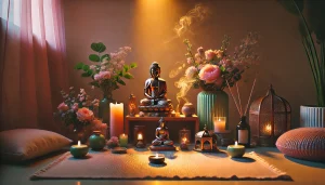 Photo d’un autel spirituel baigné de lumière dorée, comprenant une statue de Bouddha, des bougies allumées, de l’encens et des fleurs fraîches. L’atmosphère évoque la paix intérieure et la plénitude, dans des teintes apaisantes de rose, violet, vert et bleu.