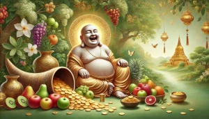 Voici une illustration réaliste représentant un Bouddha rieur assis paisiblement près d'une corne d'abondance débordant de fruits, de pièces d'or, et d'autres symboles de prospérité. La scène est baignée dans des tons harmonieux de vert, or, rose et violet, reflétant à la fois l'abondance et la spiritualité.