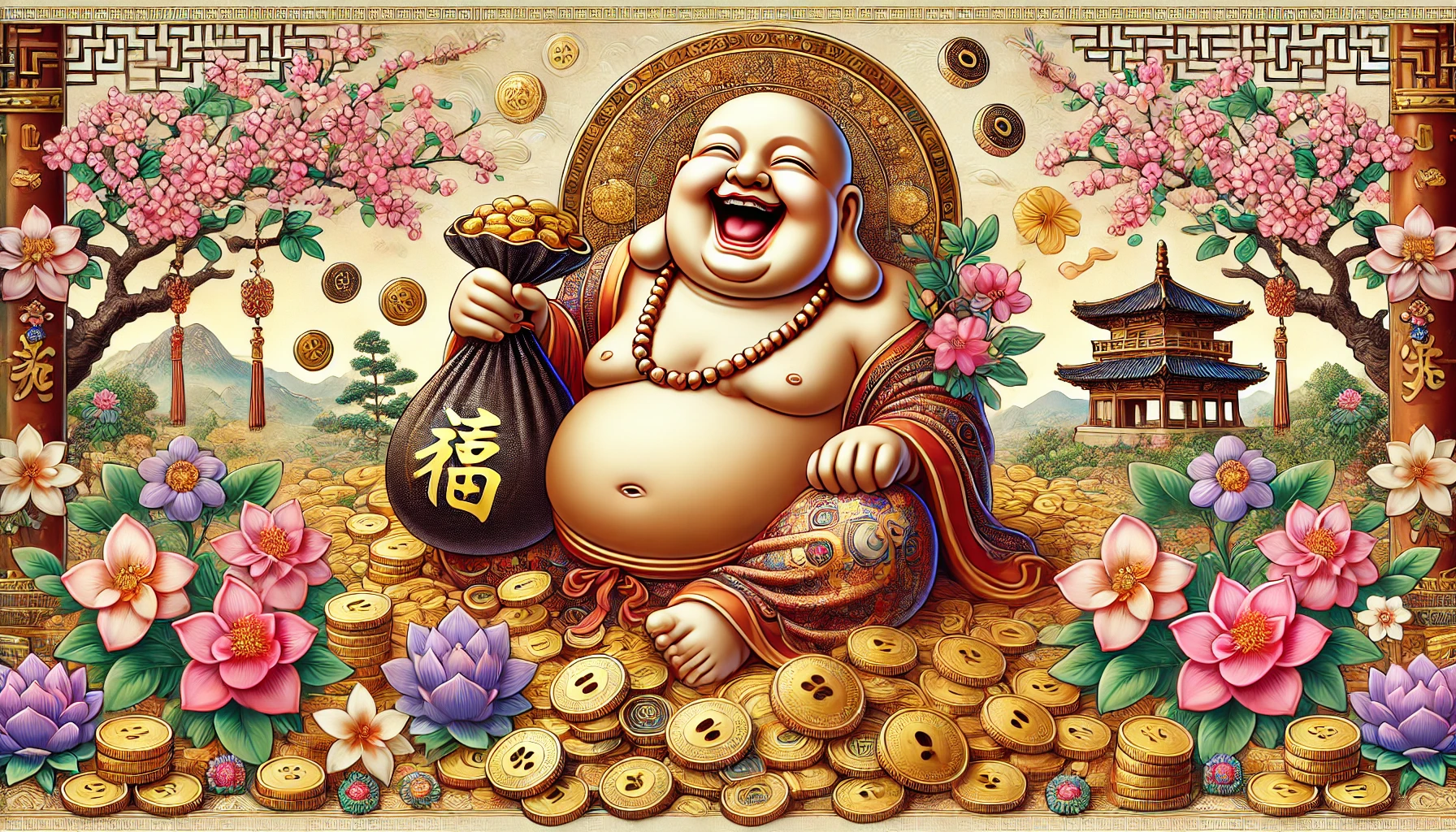 Une illustration symbolique et joyeuse représentant le Bouddha rieur, également connu sous le nom de Hotei, associé à la prospérité et à l’abondance. La statue du Bouddha affiche un large sourire et un ventre rebondi, tenant un sac rempli de trésors et entouré de pièces d'or et de fleurs écloses. Le décor harmonieux intègre des éléments de tradition asiatique avec des couleurs chaleureuses dominées par le rose, le violet et le vert, évoquant la joie, la richesse et l'énergie positive. L’atmosphère générale dégage un sentiment de bonheur, de chance et de prospérité.