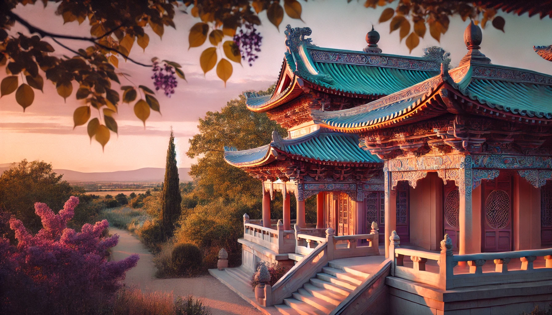 Photo d’un temple bouddhiste paisible, entouré de verdure et éclairé par une lumière dorée. L’image évoque le zen, le bien-être et l’harmonie intérieure, dans des couleurs rose, violet, vert et bleu.