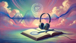 Un casque audio repose sur un carnet ouvert, avec en arrière-plan un ciel pastel doux. Une vague sonore stylisée traverse discrètement la scène, suggérant la vibration du son, la création d’un mantra et l’intention positive.