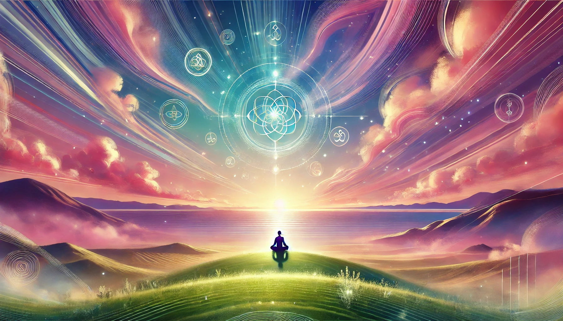 Une illustration symbolique et sereine reflétant le concept philosophique de la sérénité. La scène montre une figure paisible assise en méditation au sommet d’une colline, contemplant un paysage clair et harmonieux de collines ondoyantes et un horizon calme. Le ciel est vaste et lumineux, passant de nuances de rose et violet à un bleu clair, symbolisant la clarté et la paix. Autour de la figure, des symboles subtils brillent doucement, évoquant la réflexion philosophique et l’introspection. Les couleurs dominantes de rose, violet et vert créent une ambiance équilibrée et apaisante, renforçant les thèmes de sagesse et de tranquillité intérieure.