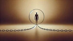 Illustration symbolique d’un être enchaîné dans un espace vide, évoquant la critique du libre arbitre par Nietzsche et la condition humaine face à la morale.
