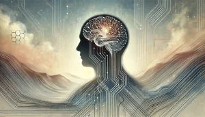 Illustration symbolique du lien entre neurosciences, algorithmes et conscience humaine, en lien avec la critique du libre arbitre dans le monde moderne.