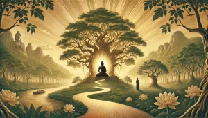 Une illustration sereine et symbolique représentant le chemin vers l'Éveil inspiré des enseignements du Bouddha. La scène montre un sentier paisible serpentant à travers une forêt luxuriante, baignée de lumière dorée filtrant à travers les arbres, symbolisant la clarté et la sérénité. Au centre, une figure méditative est assise sous un grand arbre Bodhi, entourée d'une douce lueur qui évoque l'Éveil et la paix intérieure. En arrière-plan, des montagnes lointaines et une rivière calme ajoutent à l'harmonie et à l'introspection. Les couleurs sont apaisantes, mêlant des tons chauds de vert, d'or et de beige, créant une atmosphère spirituelle et paisible.