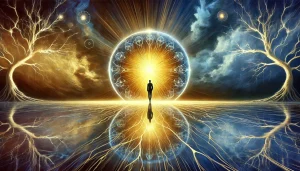 Une illustration symbolique et sereine représentant le concept de conscience selon Friedrich Nietzsche. La scène montre une figure centrale debout dans une sphère lumineuse, symbolisant l'éclairage de l'esprit et l'introspection. Le fond passe de tons sombres et ombrés sur les bords à une lumière dorée rayonnante au centre, illustrant le cheminement vers une conscience éclairée. Des motifs abstraits évoquant des neurones et des connexions entourent la figure, soulignant la complexité de la pensée humaine. Les couleurs vibrantes mais harmonieuses, mêlant des bleus profonds, des ors doux et des reflets blancs, créent une ambiance réfléchie et intellectuelle.