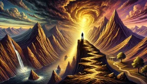 Une illustration symbolique et introspective inspirée de la vision de Friedrich Nietzsche sur le bonheur. La scène montre une figure solitaire debout sur une falaise escarpée, contemplant un paysage vaste et dynamique composé de montagnes imposantes et de rivières sinueuses, symbolisant la complexité de la vie. Le ciel est dramatique, passant de nuages orageux à une lumière dorée éclatante, évoquant la tension entre la lutte et l'accomplissement. La figure est légèrement éclairée par une lueur douce, représentant la 'volonté de puissance' comme moteur d'une forme de bonheur plus profonde. Les couleurs riches et dynamiques, mêlant des tons terreux, dorés et violets profonds, créent une atmosphère de défi et d'introspection.