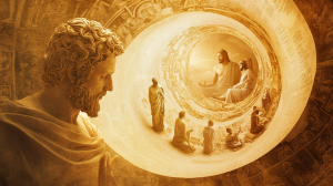 Illustration symbolique d'une spirale temporelle illustrant l'influence philosophique et spirituelle de Socrate, Jésus et Bouddha, de l'Antiquité à nos jours. Au début de la spirale, Socrate avec des étudiants dans une agora grecque (logos, philosophie, pensée critique). Au centre, Jésus accomplit un acte de compassion envers les pauvres (amour, éthique sociale, solidarité)