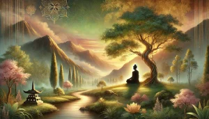 Une illustration paisible et harmonieuse représentant un paysage inspiré de la philosophie bouddhiste, avec un lac calme, des montagnes en arrière-plan et une atmosphère douce, évoquant la quête du bonheur intérieur et la sérénité spirituelle.
