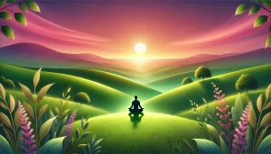 Une illustration apaisante et symbolique représentant un paysage serein. On y voit des collines vertes baignées dans les douces couleurs d’un coucher de soleil, avec des nuances prédominantes de rose, de violet et de vert. Une silhouette méditative est assise au centre, en harmonie avec la nature environnante, évoquant la plénitude, le moment présent et la pleine conscience.