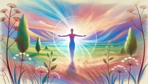 Une personne se tient face à un vaste paysage naturel (montagne et champs), bras ouverts dans une posture d’ouverture. L’ambiance est baignée de lumière douce avec des tons pastel, exprimant la liberté, la vitalité et la paix intérieure.