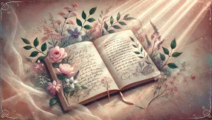 Un carnet ouvert repose sur une surface naturelle, avec des pages remplies d’écriture manuscrite non lisible. Des fleurs délicates et des rayons de lumière pastel entourent la scène. L’image évoque l’inspiration, la douceur et l’écriture poétique.