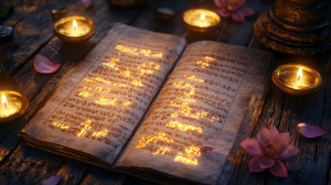 Un ancien manuscrit bouddhiste avec des inscriptions sanskrites qui brillent doucement, une calligraphie complexe de mantras sacrés comme « Om Mani Padme Hum », une encre dorée délicate sur du parchemin vieilli, entouré de bougies et de fleurs de lotus, une ambiance mystique et spirituelle.