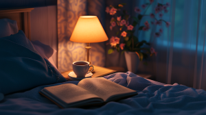 Une chambre confortable et sereine la nuit, une table de chevet avec un journal ouvert, une lampe doucement éclairée, une tasse de tisane, une ambiance paisible et relaxante, des couleurs subtiles et harmonieuses, une ambiance invitant au repos.