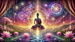 Une illustration symbolique et sereine représentant le concept de 'magie bouddha'. Au centre, une figure de Bouddha en méditation est entourée d'énergies lumineuses et de motifs cosmiques. Des éléments naturels, tels que des lotus épanouis et de l'eau qui s'écoule doucement, ajoutent une touche de pureté et de sérénité. Le fond utilise des teintes chaleureuses de rose, violet et vert, avec des symboles célestes subtils pour renforcer l'aspect mystique et spirituel des enseignements bouddhistes. L'image reflète la tranquillité, la sagesse et l'harmonie universelle.