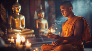 Un moine bouddhiste portant une robe safran traditionnelle exécutant un rituel de bénédiction sacrée, tenant une ancienne amulette avec une aura éclatante, à l'intérieur d'un temple faiblement éclairé, des statues de Bouddha dorées en arrière-plan, une douce lumière de bougie illuminant la scène, prise de vue cinématographique.