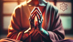 Photographie en gros plan de mains jointes dans un geste de prière bouddhiste, Mudra. L’arrière-plan flou baigne dans des tons doux et chaleureux, suggérant une profonde paix intérieure et la pleine conscience.