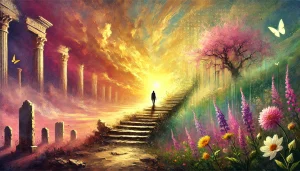 Une illustration symbolique et introspective inspirée par la philosophie de Nietzsche sur l'oubli. La scène montre une figure solitaire s’éloignant d’un escalier en pierre en ruine, représentant des souvenirs du passé qui s’effacent progressivement. Elle se dirige vers un horizon lumineux, baigné de lumière dorée et entouré de fleurs écloses, symbolisant la libération et la croissance personnelle associées à l’oubli. Le paysage évolue de teintes sombres à des couleurs chaleureuses de rose, violet et vert, créant une ambiance de renouveau et de transformation. Des symboles subtils en arrière-plan renforcent le thème de l’introspection et du dépassement de soi.