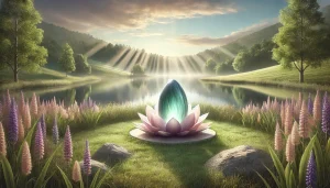 Un paysage réaliste et serein montrant une pierre lumineuse de sérénité placée au centre d'une fleur de lotus. La scène se déroule près d'un lac paisible, entouré de collines verdoyantes et de végétation délicate, sous des rayons de lumière douce qui créent une ambiance harmonieuse et apaisante. L'atmosphère reflète la paix intérieure, la sérénité et l'équilibre.