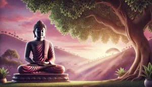 Illustration réaliste et sereine représentant un Bouddha méditant sous un arbre de Bodhi, entouré d'une lumière douce et chaleureuse, symbolisant la sagesse et la sérénité intérieure.
