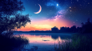 Une illustration d'un ciel étoilé avec une lune descendante. Paysage calme, avec un lac reflétant la lune et les étoiles.