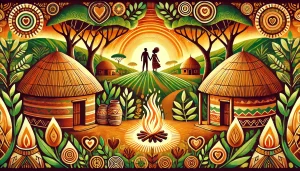 Une illustration vibrante et symbolique célébrant les proverbes africains sur l’amour. La scène représente un village africain chaleureux avec des huttes traditionnelles au toit de chaume, entourées d’une végétation luxuriante et baignées dans la lumière dorée d’un coucher de soleil. Au premier plan, deux personnes debout proches symbolisent l’unité et l’amour, tandis qu’un feu de camp communautaire à proximité incarne la sagesse partagée. Le paysage intègre des motifs culturels tels que des dessins tribaux sur le sol et des formes subtiles de cœur dans le feuillage en arrière-plan. Les couleurs riches et chaudes, avec des teintes d’orange, de vert et de brun, créent une atmosphère d’amour, de communauté et de sagesse ancestrale.